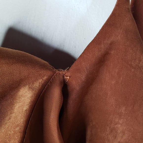 J.O.A. Anouk Satin Draped Shoulder Midi Dress S Side Slit Strappy Cocktail Brown - Picture 6 of 12